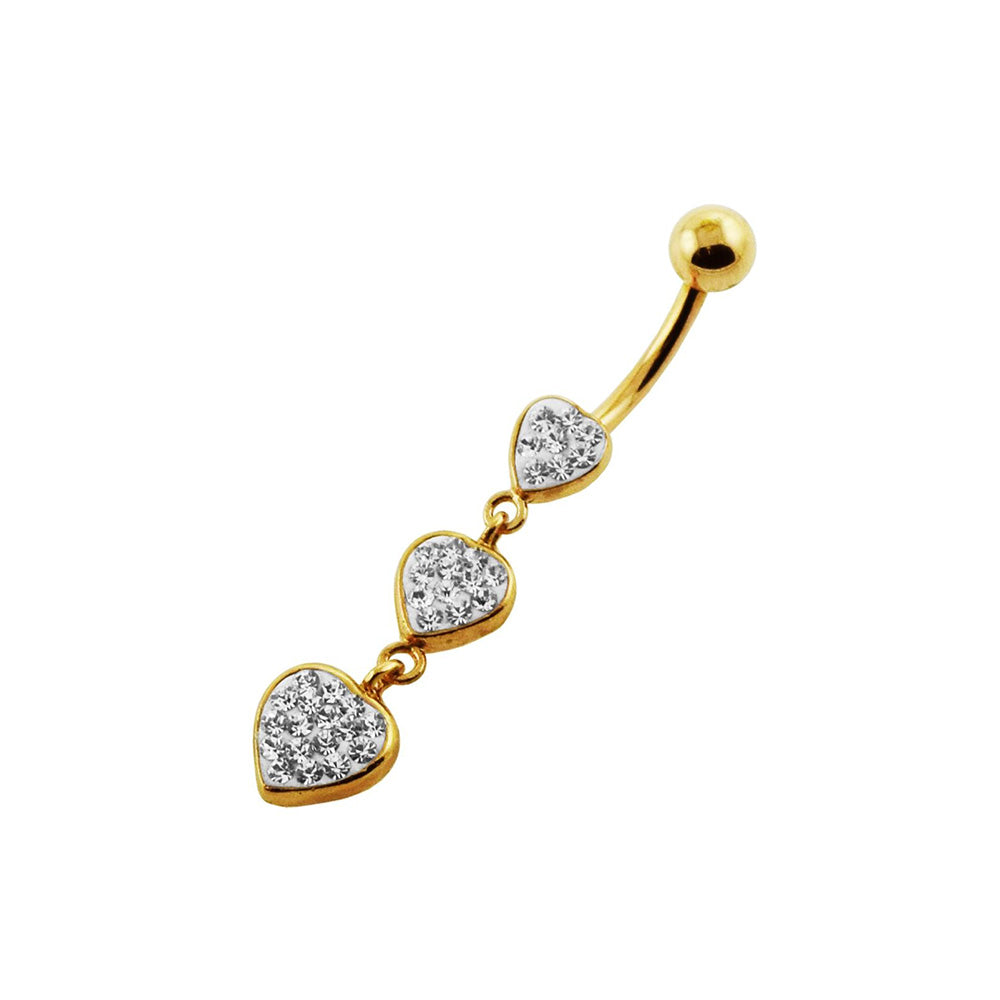 Navelpiercing med tre hjärtan i guld